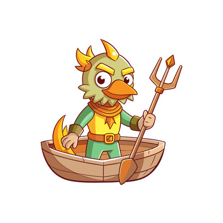 Cartoon bird character sailing a wooden boat with tridentのイラスト素材