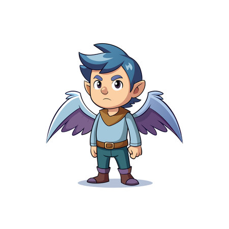 Cartoon winged boy with serious expression standing on whiteのイラスト素材