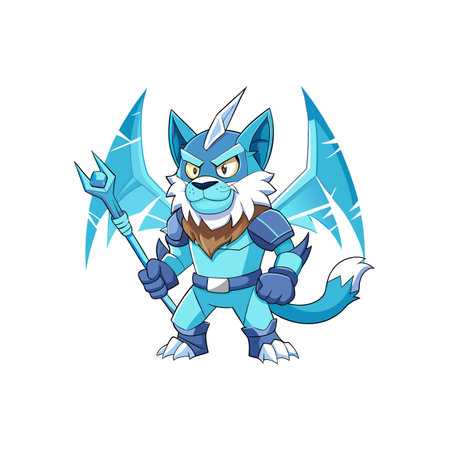 Cartoon wolf character in blue ice armor, holding staffのイラスト素材