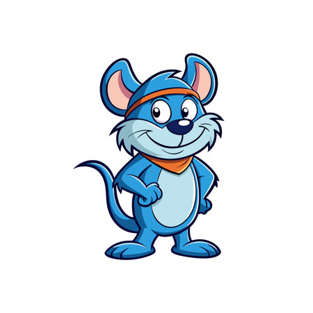 Cartoon blue mouse standing with headband and kerchiefのイラスト素材