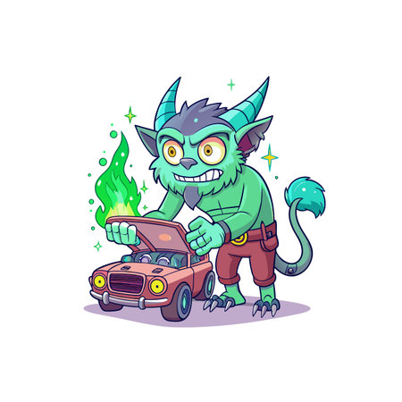 Cartoon demon repairing a car with magical green flamesのイラスト素材