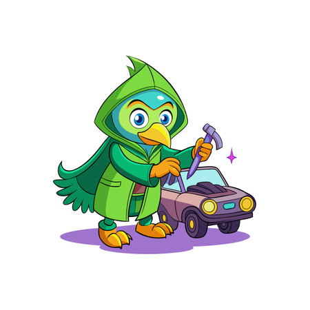Cartoon bird mechanic fixing futuristic car with magical wrenchのイラスト素材