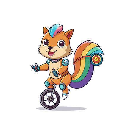 Cartoon Squirrel Robot on Unicycle with Rainbow Tail Illustrationのイラスト素材