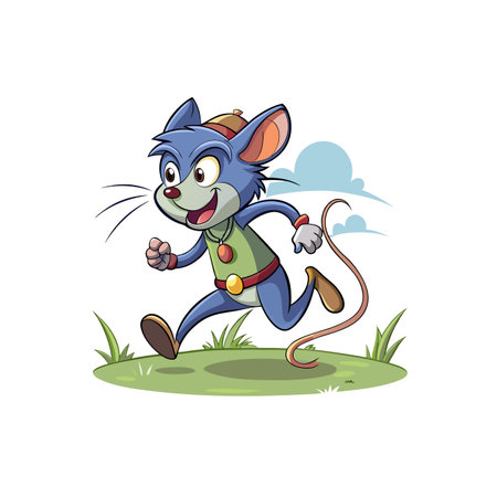 Cartoon mouse character running in a grassy field illustrationのイラスト素材