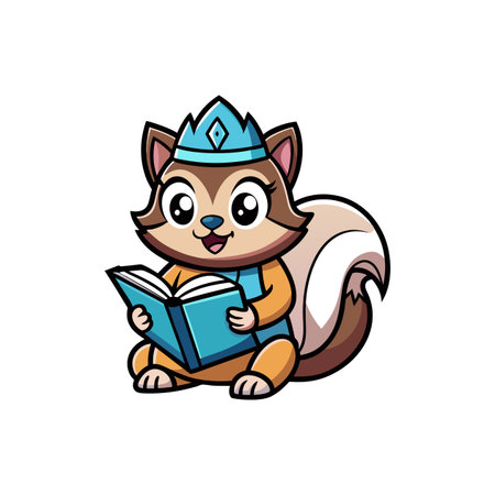 Cartoon squirrel reading a book with a blue crownのイラスト素材