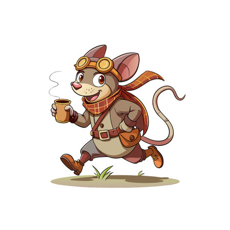 Steampunk mouse running with coffee cup cartoon illustrationのイラスト素材