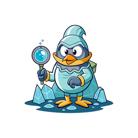 Cartoon penguin explorer with magnifying glass in arctic landscapeのイラスト素材