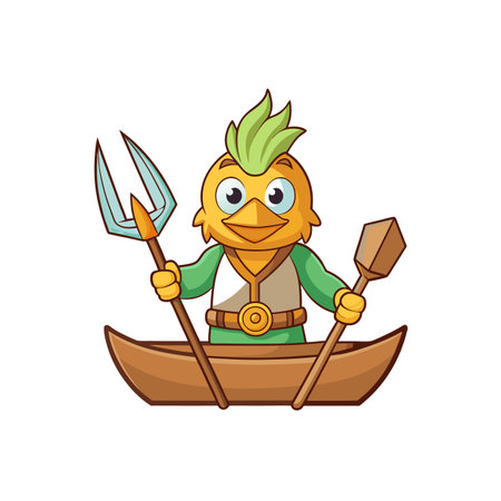 Cartoon bird character sailing in a boat with tridentのイラスト素材