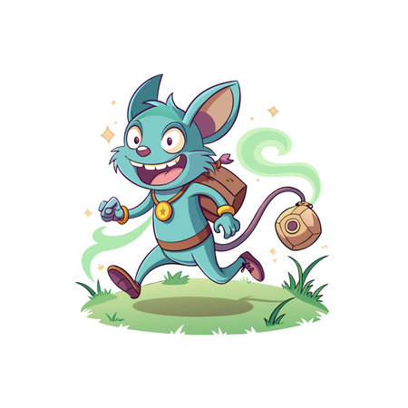 Happy cartoon mouse running with a backpack and magicのイラスト素材