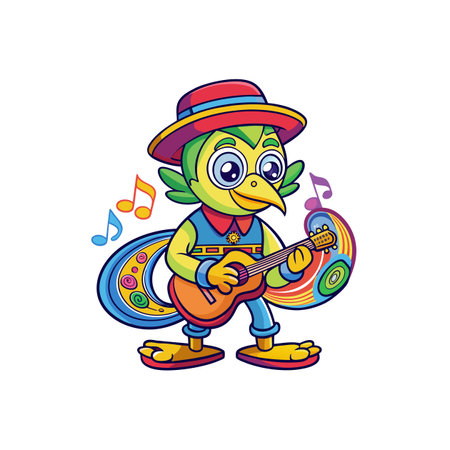 Cartoon bird playing guitar and musical notes illustration designのイラスト素材