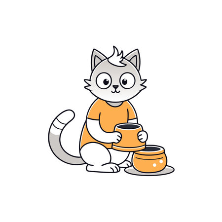 Cartoon cat serving food in orange bowls illustrationのイラスト素材