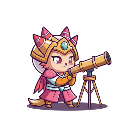 Cute cartoon cat princess looking through telescope on whiteのイラスト素材