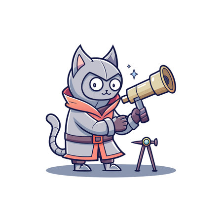 Cartoon cat astronomer looks through large telescope at starsのイラスト素材