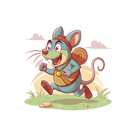 Adventurous cartoon mouse running across green grass fieldのイラスト素材