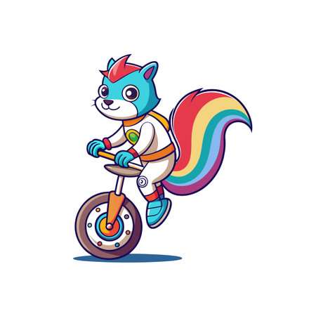 Cartoon squirrel astronaut rides a unicycle in outer spaceのイラスト素材