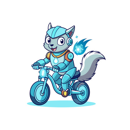 Cartoon Robot Squirrel Riding Bicycle, Blue Flame, Isolated Backgroundのイラスト素材