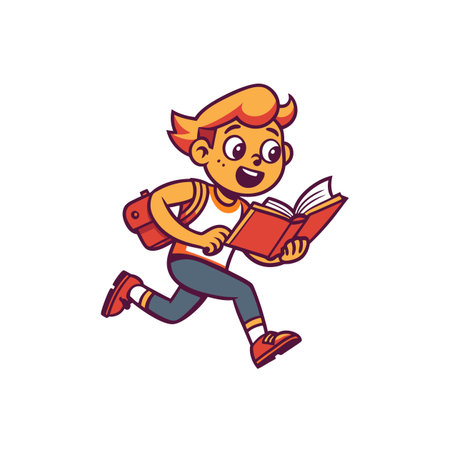 Boy running with book towards school, education conceptのイラスト素材
