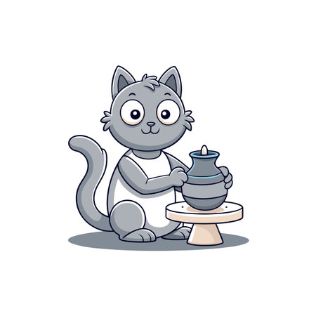 Cartoon cat shaping clay on pottery wheel illustrationのイラスト素材