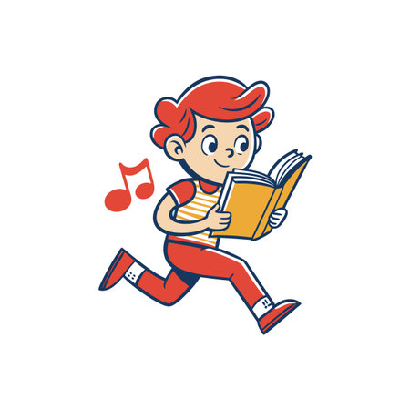 Cartoon boy reading a book while running happilyのイラスト素材