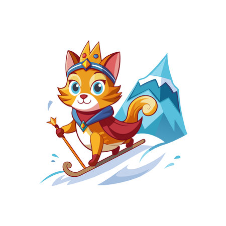 Cartoon cat king skiing down snowy mountain slope cheerfullyのイラスト素材
