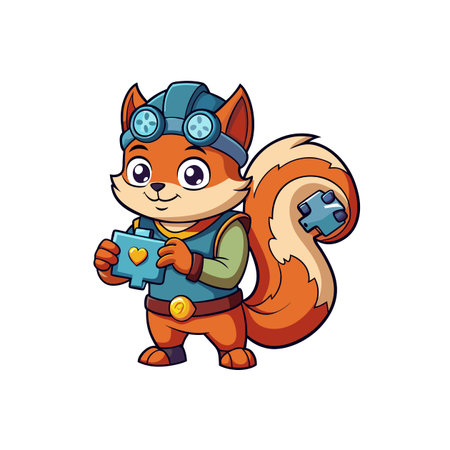 Cartoon squirrel explorer holding toolbox in a whimsical illustrationのイラスト素材