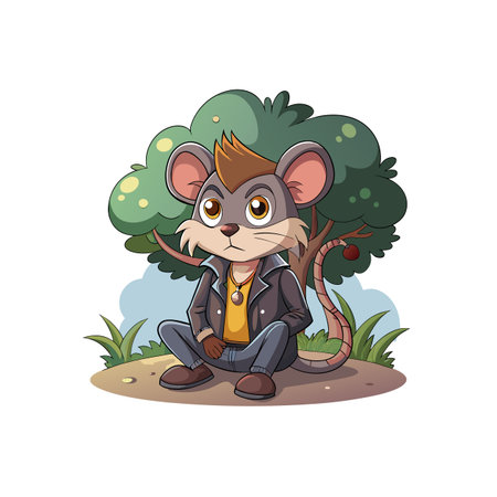 Cartoon mouse character wearing a leather jacket sitting outdoorsのイラスト素材