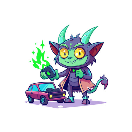 Cartoon demon repairs vintage car with green energy sourceのイラスト素材