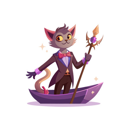 Cartoon cat mage in purple boat, holding magic staffのイラスト素材