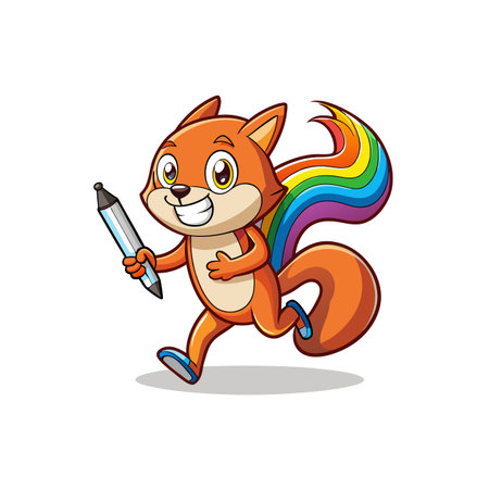 Joyful squirrel character running with a rainbow tail and penのイラスト素材