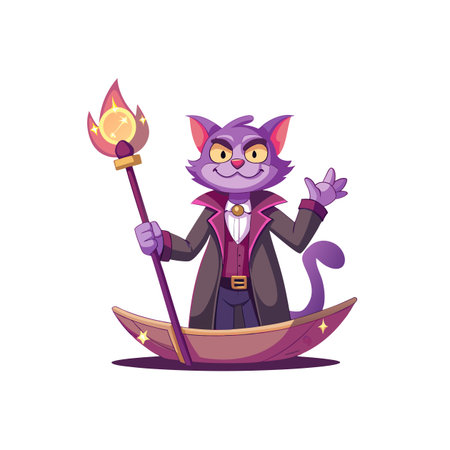 Whimsical cat vampire sailing with magical staff illustrationのイラスト素材