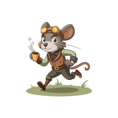 Cartoon mouse running with coffee in steampunk outfit styleのイラスト素材