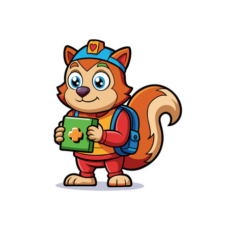 Cartoon squirrel wearing medical outfit holding first aid kitのイラスト素材