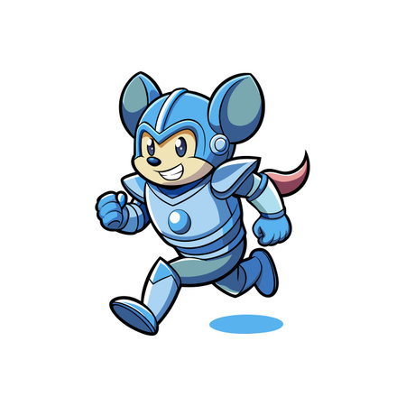 Cartoon Mouse Running in Shining Blue Knight Armor Costumeのイラスト素材