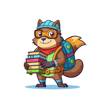 Cartoon squirrel carrying books wearing helmet and backpack illustrationのイラスト素材