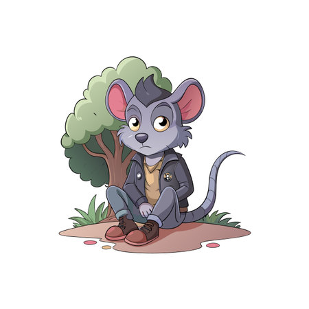 Cartoon mouse character sits outside in a stylized illustrationのイラスト素材
