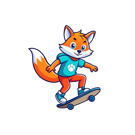 Cartoon fox skateboarding with playful energy on white backdropのイラスト素材