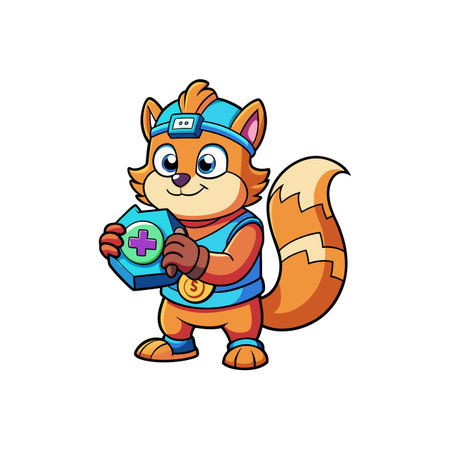Cartoon fox character holding a medical aid kit cheerfullyのイラスト素材