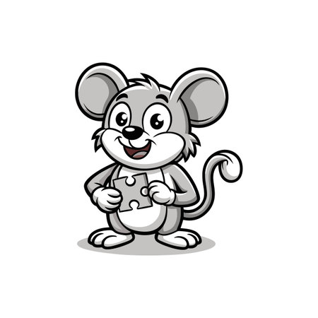 Cute mouse cartoon character holding a jigsaw puzzle pieceのイラスト素材