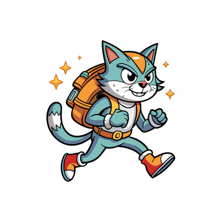 Adventurous cartoon cat with backpack ready to explore and travelのイラスト素材