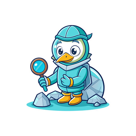Penguin detective searches frozen landscape with magnifying glass illustrationのイラスト素材