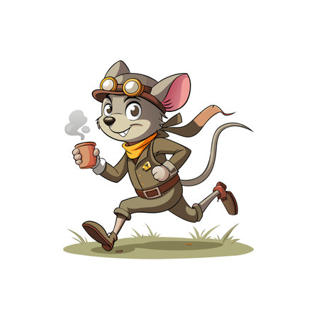 Cartoon mouse running with coffee cup in adventure outfitのイラスト素材
