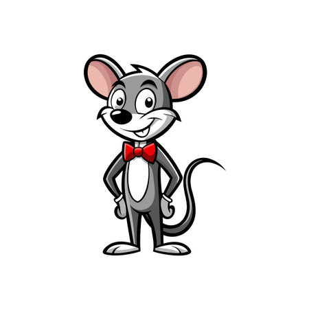 Cartoon mouse with red bow tie standing playfully poseのイラスト素材