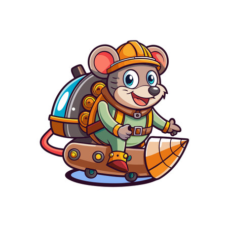 Mouse engineer cartoon character flying on pencil rocket illustrationのイラスト素材