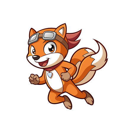 Cartoon aviator fox running happily with goggles on headのイラスト素材