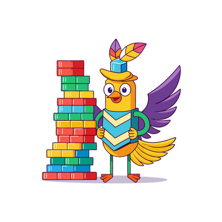 Cartoon bird building a colorful toy brick towerのイラスト素材