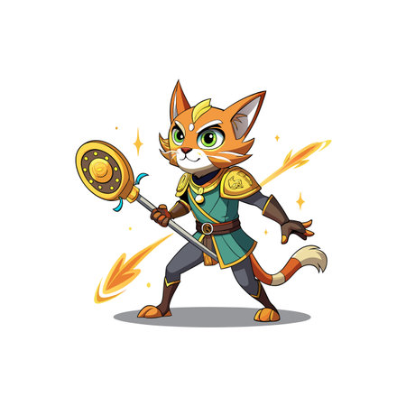 Cartoon cat warrior holding staff ready for battleのイラスト素材