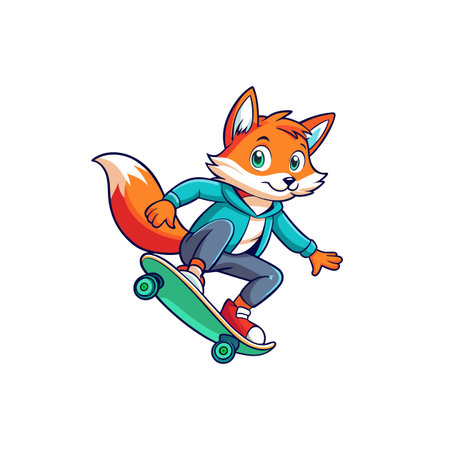 Cartoon fox skateboarding cheerfully in colorful graphic style imageのイラスト素材