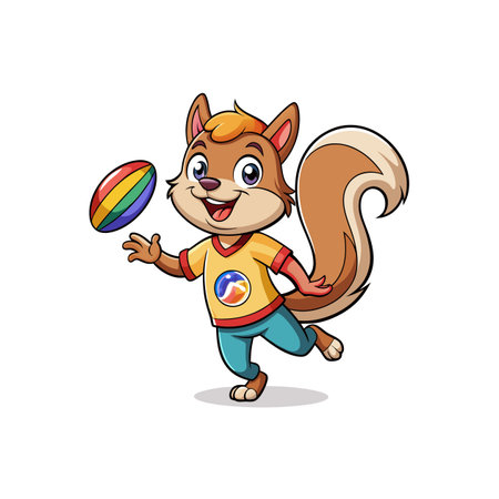 Cheerful cartoon squirrel playing with rainbow striped ball illustrationのイラスト素材