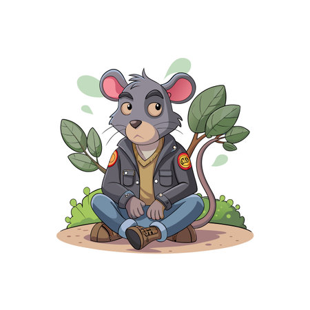 Sad Mouse in a Jacket Sitting near a Bushのイラスト素材