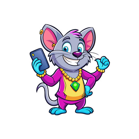 Cartoon mouse character with phone, wearing jewelry and clothesのイラスト素材